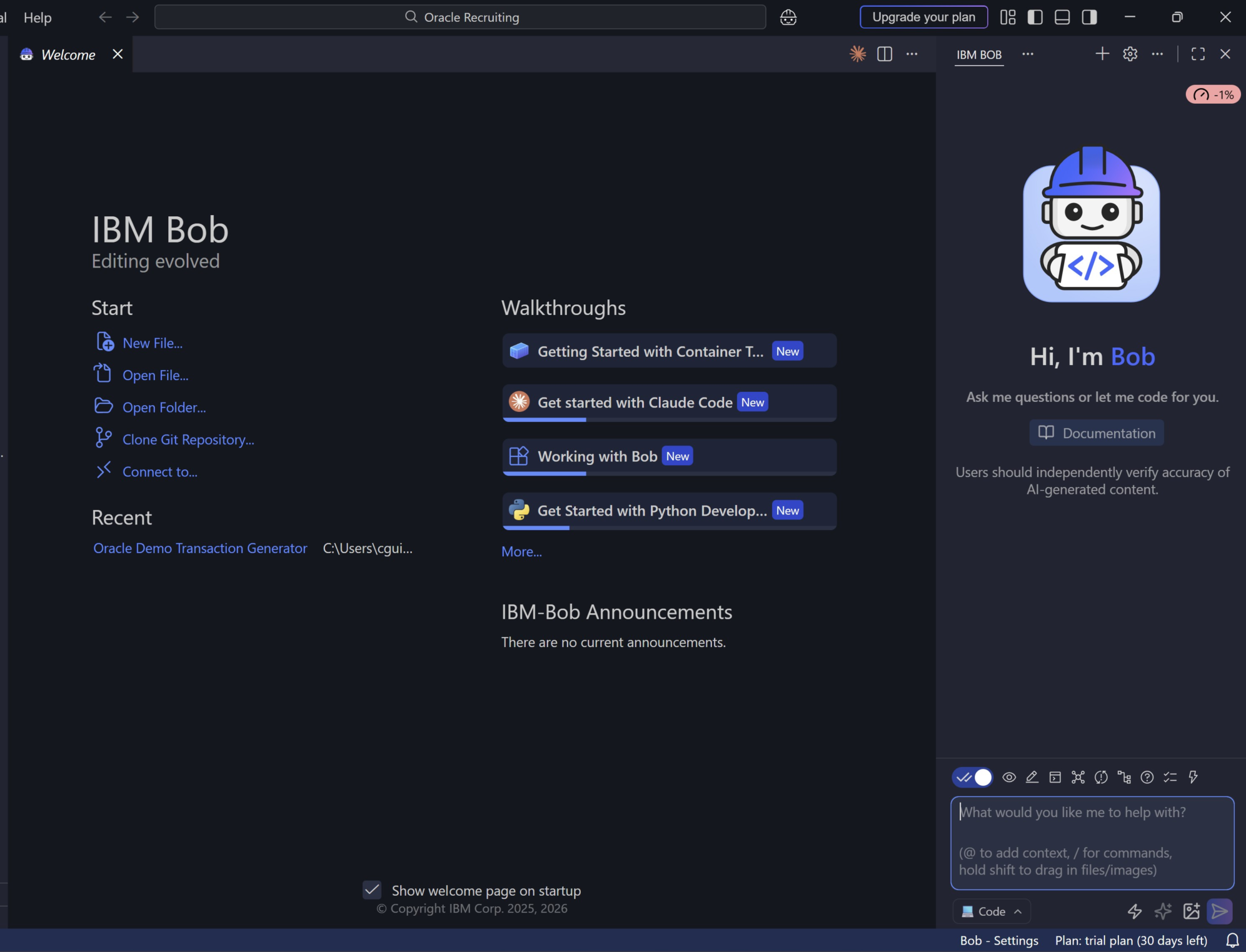 IBM Bob AI coding assistant running alongside the Oracle Recruiting project