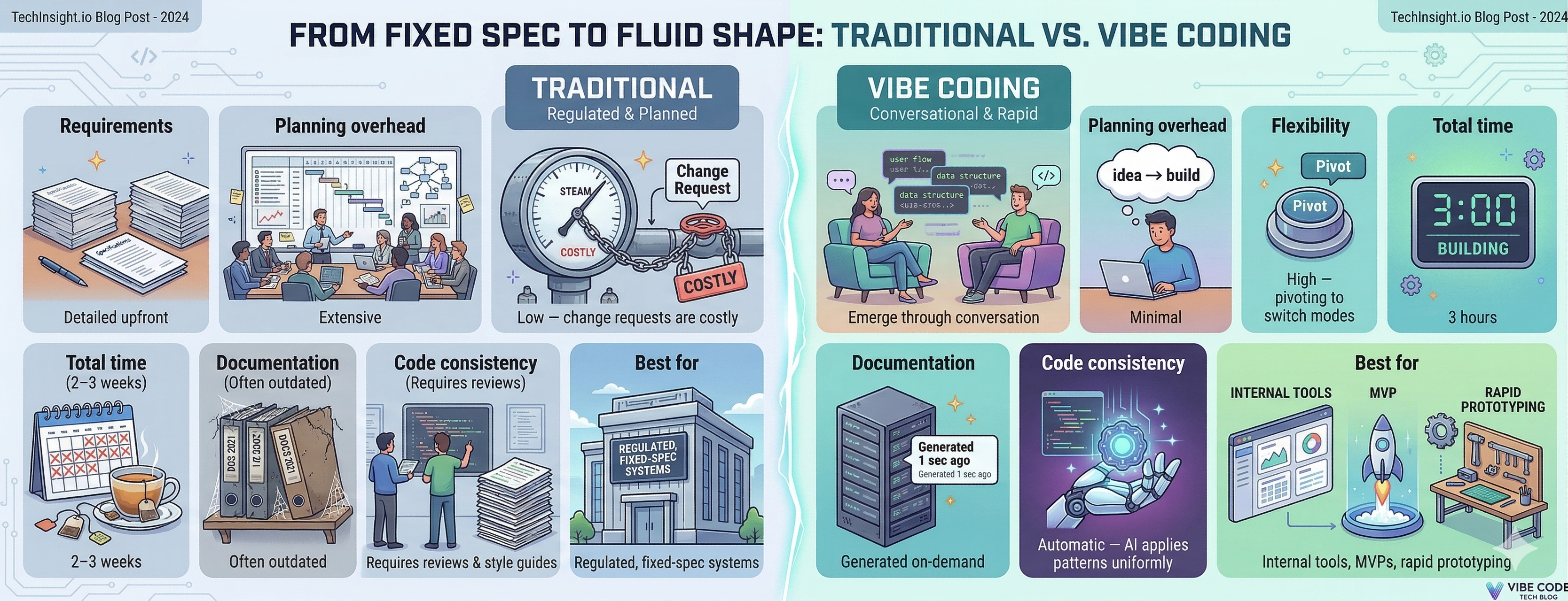 Infographic comparing traditional development (2-3 weeks) vs vibe coding with AI (3 hours)