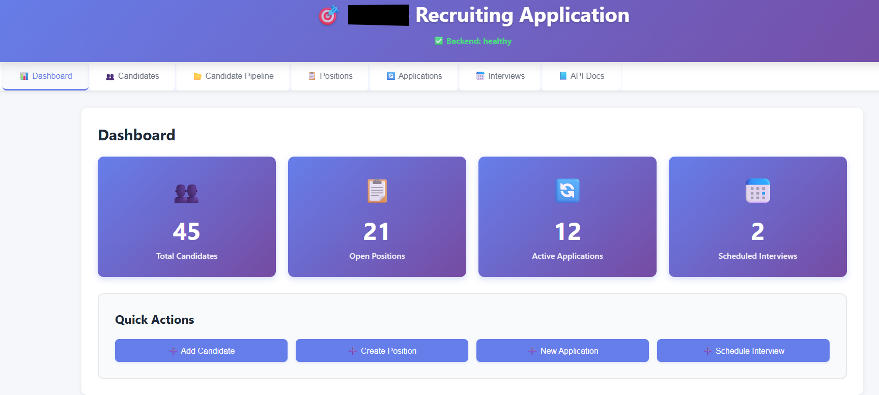 Oracle Recruiting Application dashboard with KPI cards