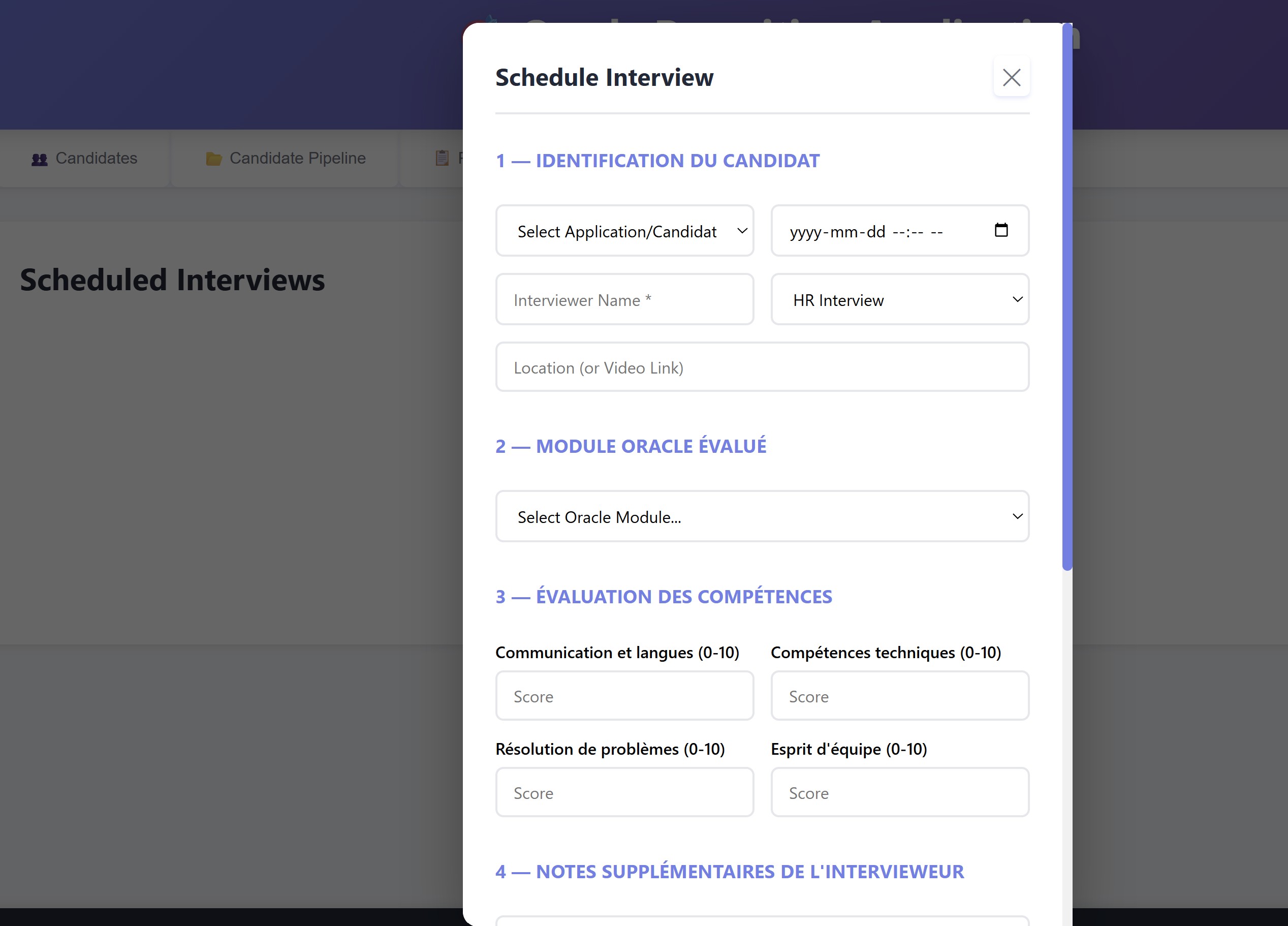 Enhanced interview form with 5 sections, 37 Oracle module options and competency scoring