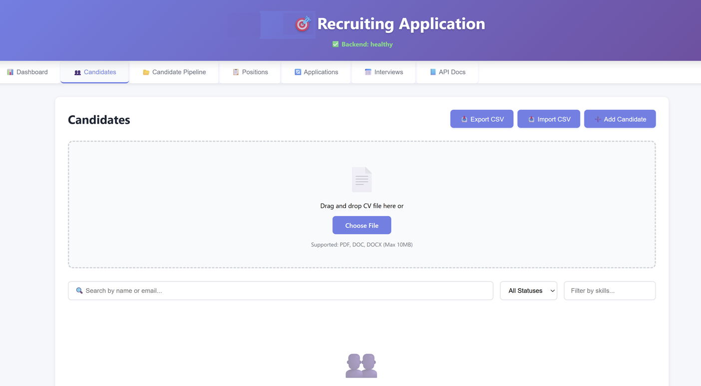 Recruiting App Candidates view with search, filters, CSV import/export